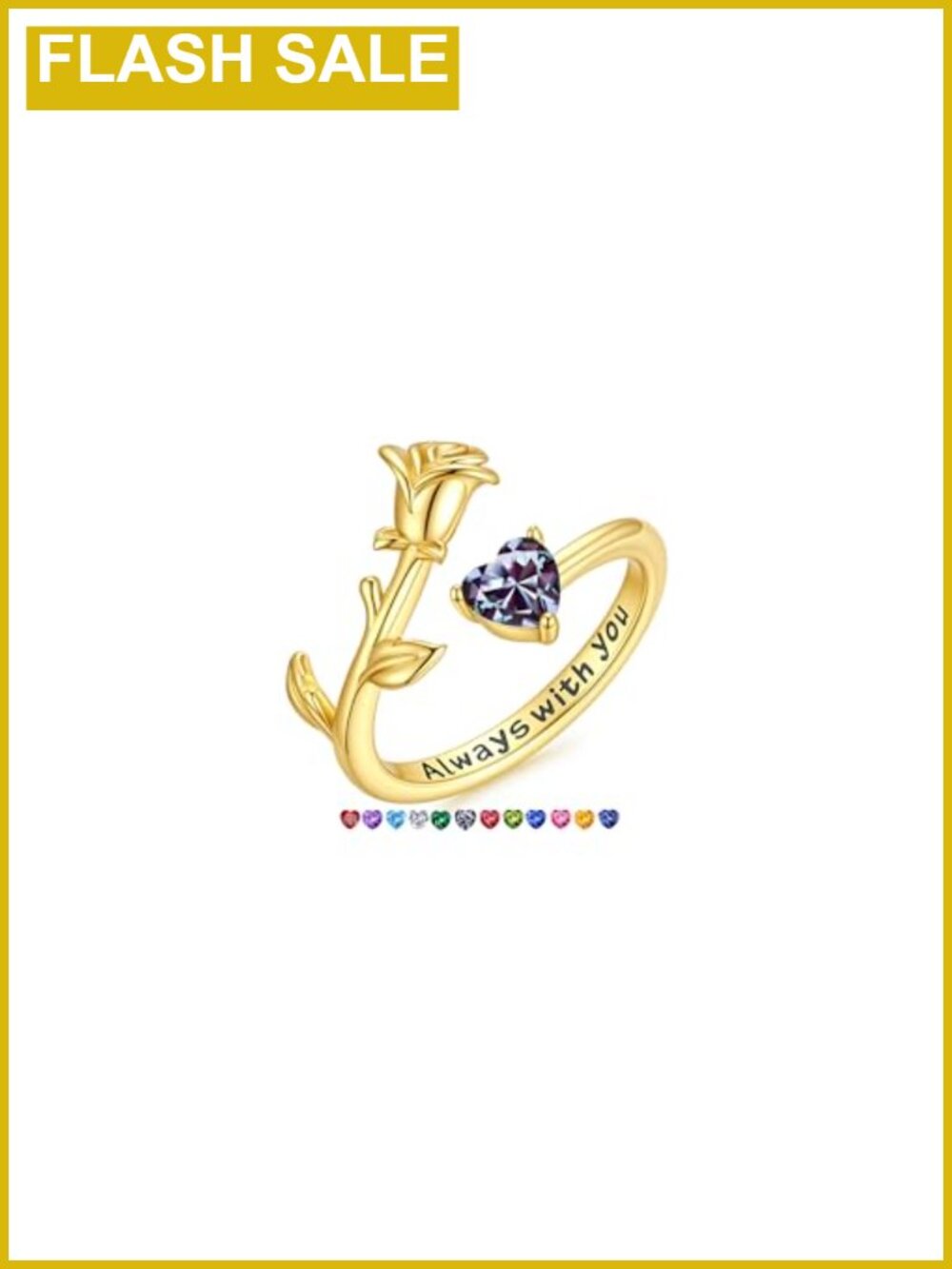 14K Gold Plated Heart Birthstone Adjustable Ring Non Tarnish Dainty Jewelry Gift
